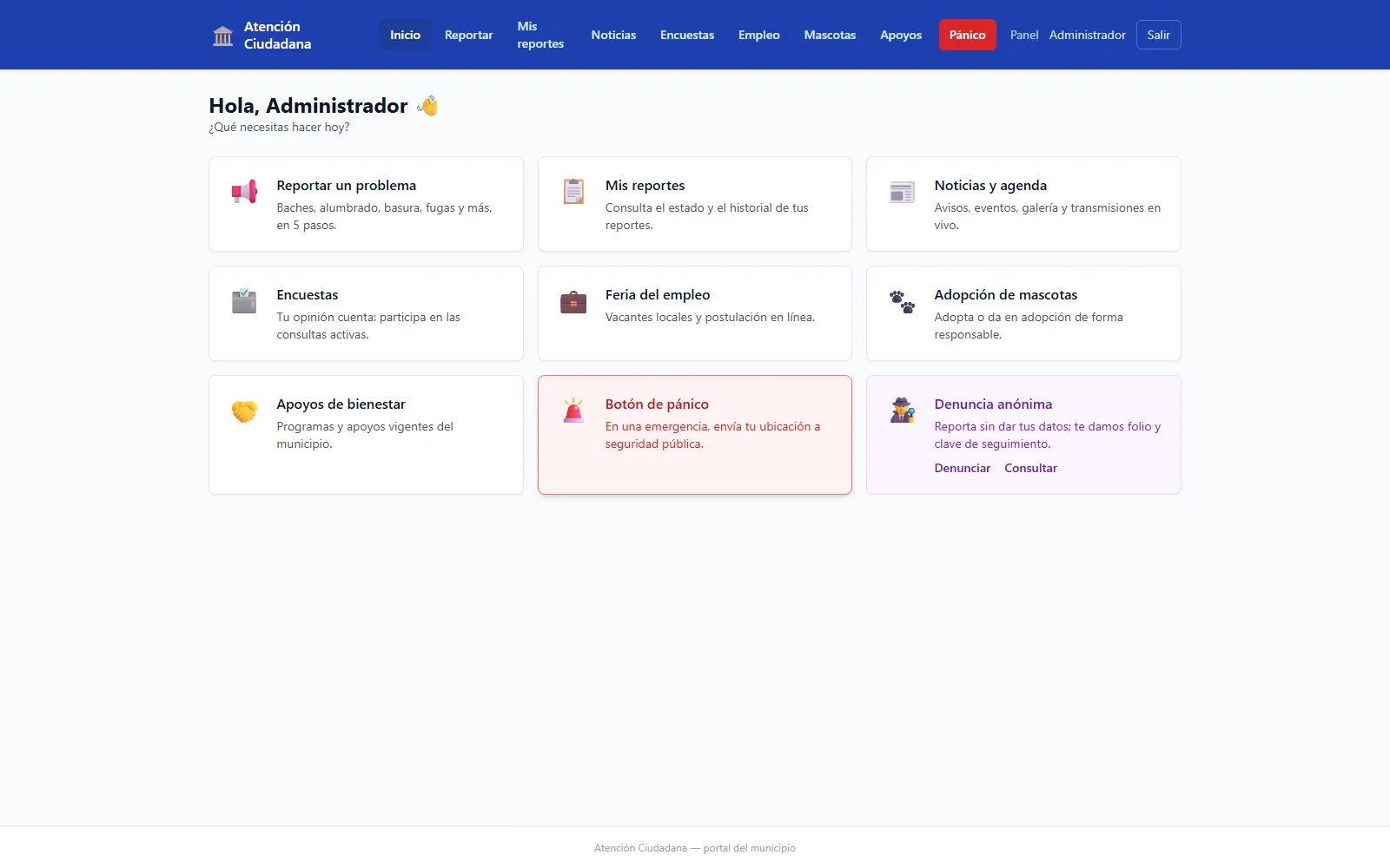 Inicio del portal ciudadano con accesos a reportar un problema, mis reportes, noticias, encuestas, feria del empleo y denuncia anónima